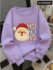 Sudadera femenina mujer casual estampado cuello redondo manga larga pino arbolito estrella letras tipo bordado navidad diseño divertido tela gruesa holgada otoño invierno para fiestas casa calle escuela cool tejido brillos cuernos - Lila - Ver 1