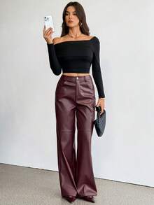 SHEIN Tall Burgundy Solid PU Leather Straight Leg Pants, Suitable For Christmas, New Year, Valentine's Day, Autumn/Winter, Party, Date Night - Burgundy - View 5