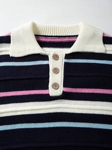 ROMWE MEN Suéter de cuello polo de manga larga con rayas de contraste para hombre - Multicolor - Ver 3