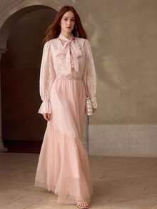 MOTF PREMIUM ELEGANT ASYMMETRIC MESH PATCHWORK PINK MERMAID SKIRT - Pink - View 1
