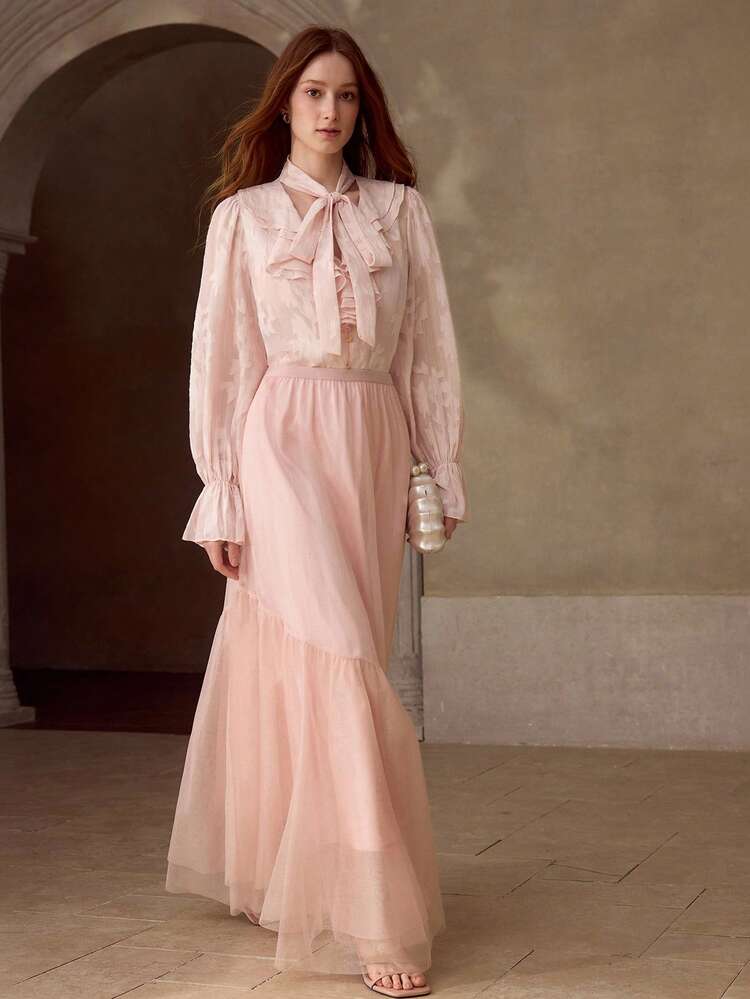 ELEGANT ASYMMETRIC MESH PATCHWORK PINK MERMAID SKIRT