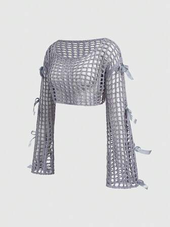 Cubre de manga larga hecho a mano a ganchillo con diseño calado, top de malla tejida con decoración de mariposa en estilo Fairycore y corte sexy