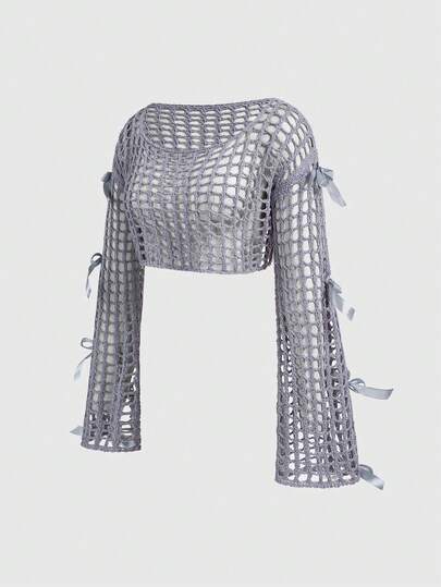 Grauer handgefertigter gehäkelter Ausschnitt-Langarm-Cover-Up, Fairycore Schmetterling Dekor Nische Sexy Stil kurzer Mesh-Strick-Pullover