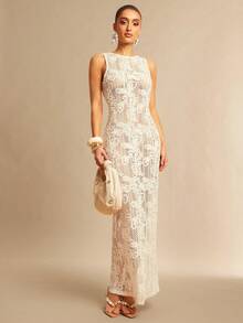 Silquee Vestido de malla transparente de punto jacquard para mujer, primavera/verano - Blanco - Ver 3