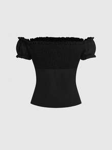 ROMWE J-Fashion 甜美法式极简露肩泡泡袖抹胸修身女式上衣 - 黑色 - 查看 2