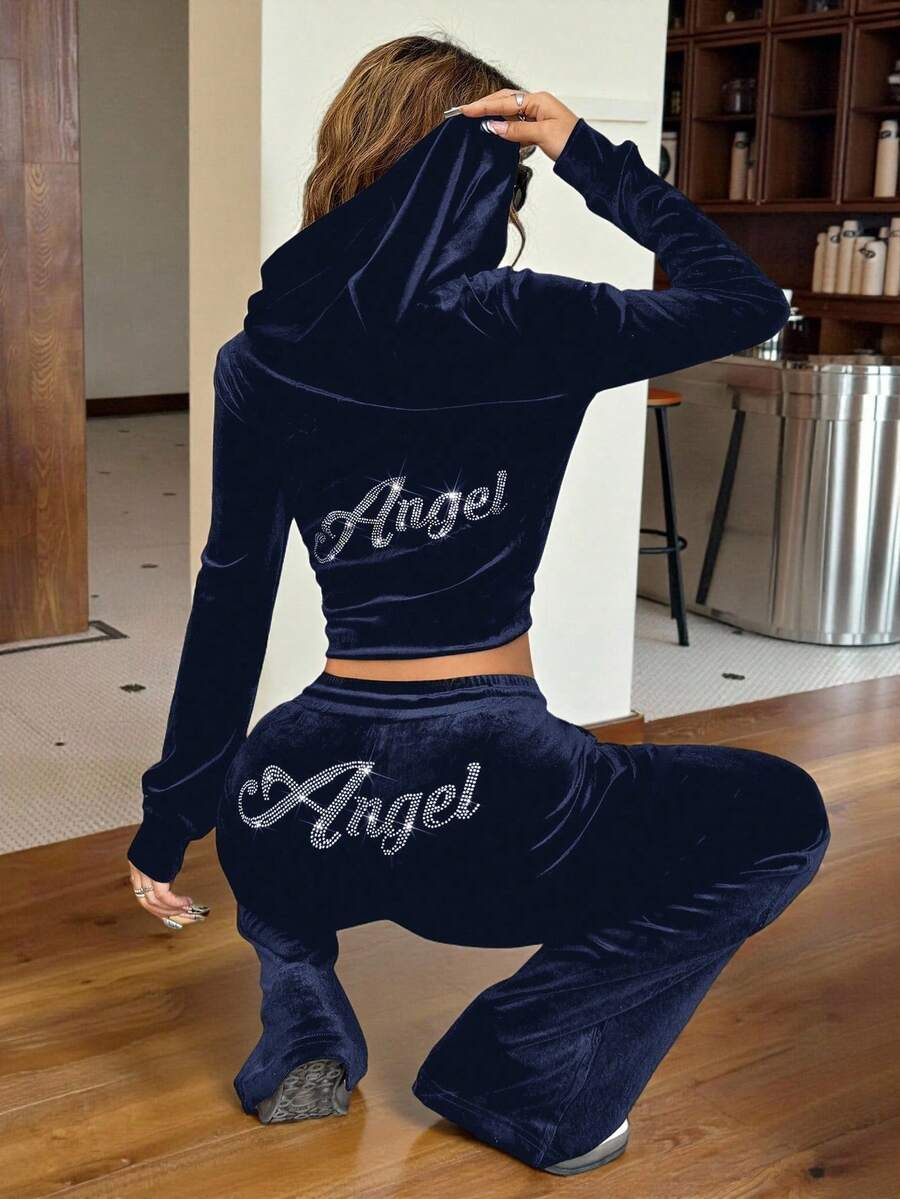 SHEIN EZwear Navy Blue Velvet Rhinestone Letter Hoodie & Pants Women Sports Suit Jogger Sets For Women Two Piece Set Women Comfy 2 Piece Lounge Sets Woman 2 Piece Casual Sets Woman Women S Lounge Set Blue 2 Piece Set Women - Royal Blue - View 1