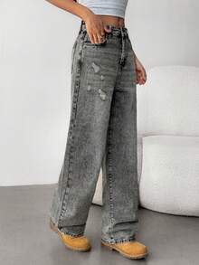 SHEIN Teen Girls Slant Pocket Ripped Straight Leg Jeans - Grey - View 5