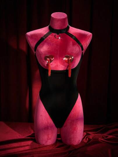 SpicyHot Valentine's Day Standard Size Women's Extremely Sexy Halter Neck With Neck Ring Red Heart Reflective Fabric Jumpsuit + Nipple Pasties 3-Piece Set