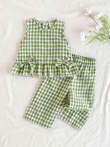 SHEIN Vintaside Kids Bộ 2 áo không tay kẻ caro nơ dễ thương cho bé gái, thích hợp mặc hàng ngày, ngoài trời, chụp ảnh, xuân/hè - màu xanh lá - Xem 5