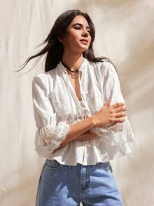 Easelle 复古波西米亚风深V蕾丝拼接收腰女式衬衫 - 白色 - 查看 8
