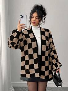 Elenzga 秋冬时尚休闲撞色棋盘格拼接女式宽松大码长袖开衫，外套，适合外出、度假、派对等场合。 - 駝色 - 查看 8