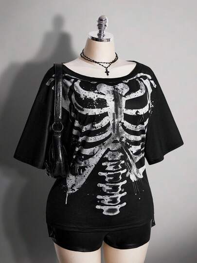 SHEIN ICON Camiseta gráfica de manga corta y cuello redondo con diseño de calavera de moda para mujer talla grande