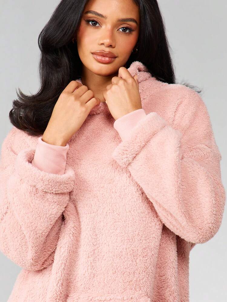 MISSGUIDED Oversized Fuzzy Hoodie Robe Fleece Long Sleeve Loungewear Cozy Winter Home Comfort Plush Soft Pajama Style