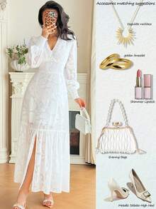 Rafferiza 女士优雅度假通勤玫瑰纹理V领蕾丝边连衣裙，白色连衣裙，通勤连衣裙，适合圣诞节、新年、度假、婚礼、情人节等场合 - 白色 - 查看 1