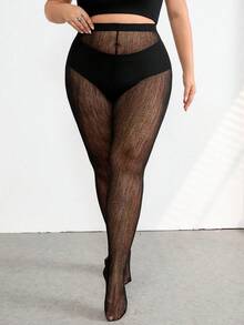 SHEIN CURVE+ 大码时尚性感透视网纱打底裤 - 黑色 - 查看 5