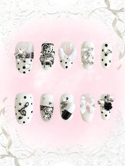 Anime 10pcs Cute Wing, Chain, Music Note, Star, Clover Element High Quality Handmade False Nails + 3pcs Double-Sided Adhesive, Y2K French Style Rhinestone Chain Polka Dot Removable Nail Art Stickers, Suitable For Holidays, Parties, Dancing And Daily Wear
