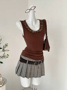 Muvela Fashionable Casual Sequin Round Neck Vest, Elegant Carnival Party, Retro College Style, Suitable For Back To School, Music Festival, Urban Commute, Business - Brown - View 8