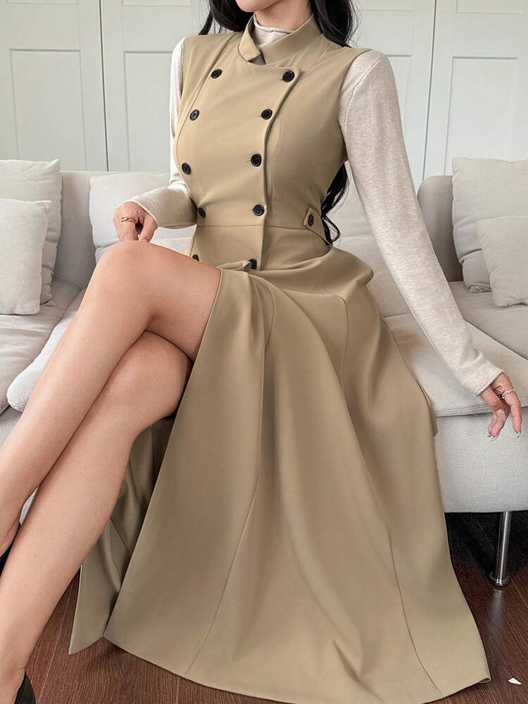 Women's Stand Collar Waist Cinched Double-Breasted Sleeveless Midi Casual Elegant Dress