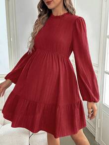 SHEIN 孕妇优雅绿色长裙，灯笼袖，高开衩下摆，修身连衣裙 - 酒紅色 - 查看 4