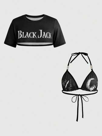 Black Jack X ROMWE 2pcs Black Jack Graphic Print Music Festival Streetwear Wireless Bra & Short Sleeve Tee Set For Women