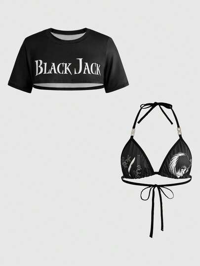 Black Jack X ROMWE 2 pièces Ensemble de soutien-gorge sans fil et t-shirt à manches courtes avec imprimé graphique Black Jack pour festival de musique et streetwear pour femmes