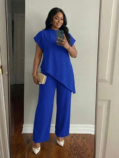 SHEIN Lady 2025 New Plus Size Women Cobalt Blue Solid Color Round Neck 3 4 Sleeve Loose Asymmetric Hem Elegant Blouse Valentine's Day New Year Party