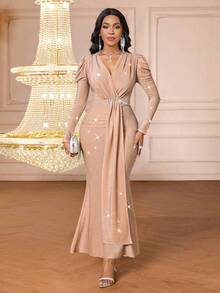 SHEIN Lady Đầm dài ren ánh kim màu sâm panh thanh lịch dành cho nữ, thích hợp dự tiệc - Rượu sâm banh - Xem 8