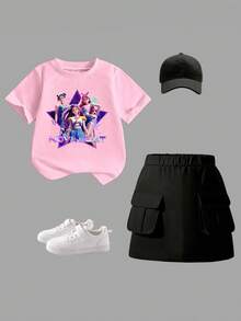 SHEIN Explorewe 两件套女童休闲时尚春夏套装，卡通人物甜美设计，短袖圆领T恤搭配工装裙，舒适的短袖圆领T恤搭配打底裤，适合春夏穿着，时尚休闲，街头风，户外野餐，上学，聚会，礼物 - 彩色 - 查看 3