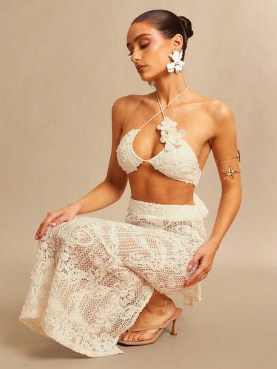 Silquee 2pcs Women's Mesh Woven Floral Decor See-Through Set, Spring/Summer Vacation Holiday  Valentine's Day Easter Boho Western Festival Sexy Going Out Gown For Prom Night Party Prom Formal Club Beachwear Dazy Friful Women's Sheer Crochet Knit High Waisted Wide Leg Cover Up Pants For Beach And Vacation
Boho Crochet Lace Floral Hollow Out High Waist Beach Pants For Women Summer Resort Wear
Elegant Women's Cream Floral Crochet Loose Fit Maxi Pants Perfect For Summer Beach Outings