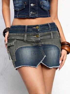 ROMWE Avant Fashionable Avant-Garde Denim Sexy Low Waist Double Belt Cargo Mini Skirt
