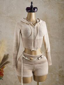 2pcs Women Solid Color Raglan Sleeve Short Hoodie Pullover With Drawstring Travel Light Beige Autumn Everyday Sexy - Multicolor - View 4