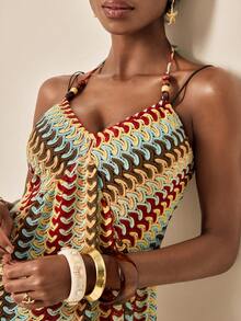 Spring/Summer Best Selling Beach Cover-Up With Tie-Up Neck, Beads Decor, Special Fabric For Vacation - Multicolor - View 7
