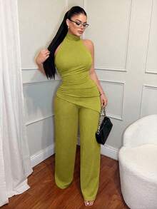 SHEIN SXY 休闲通勤无袖上衣和裤子套装 - 綠色 - 查看 4