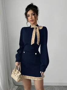 Selianne Women's Contrast Color Sequin Bow Decor Long Sleeve Top And Mini Skirt 2 Pieces Set - Navy Blue - View 5