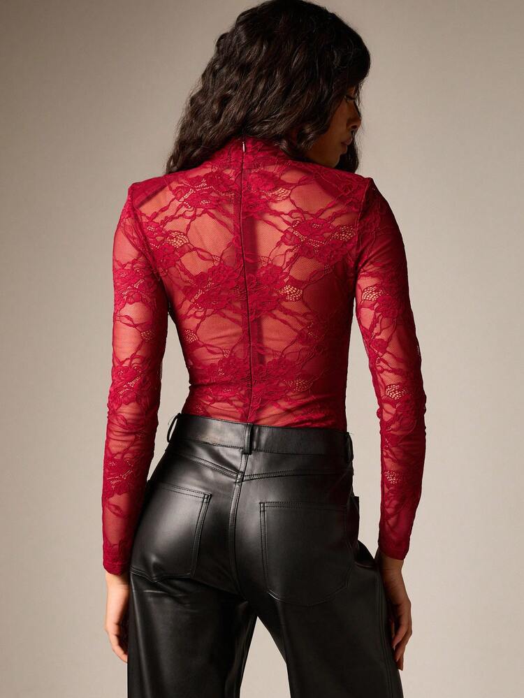 AiiRZ High Neck Long Sleeve Lace Bodysuit With Intricate Floral Pattern And Sheer Mesh Details For Evening Occasions And Night Outfits
