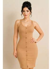 Vestido Sexy Dama Premium Vestido Entallado Vestido Botones Frontales Abertura Elegante Vestido Tirantes Vestido Ajustable Vestido Con Botones - beis - Ver 5