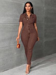 SHEIN Essnce Women's Solid Color Casual Short Sleeve Denim Jumpsuit - Coffee Brown - View 5