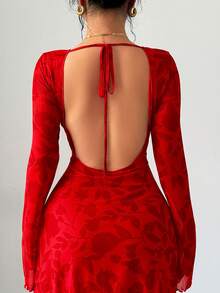 Firerie Women's Red Floral Backless Flare Sleeve A-Line Maxi Dress, Red Floral Maxi Dress, Sexy Backless Long Dress, Waist Cinched A-Line Long Dress, Flare Sleeve Maxi Dress, Red Holiday Dress, Suitable For Spring, Summer, Autumn, Winter, Elegant, Commute, Date, Party, Wedding, Graduation, Performance, Concert, Work, Back To School, Annual Party, Women's Birthday, Holiday - Multicolor - View 8