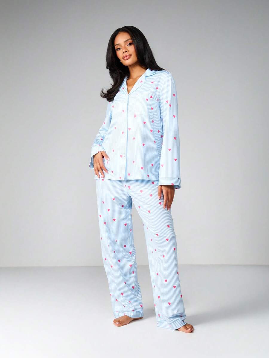 MISSGUIDED Light Blue Striped Heart Print Button Up Pajama Set Long Sleeve Collared Top With Matching Full Length Pants Sleepwear Lounge Set - Blue - View 1
