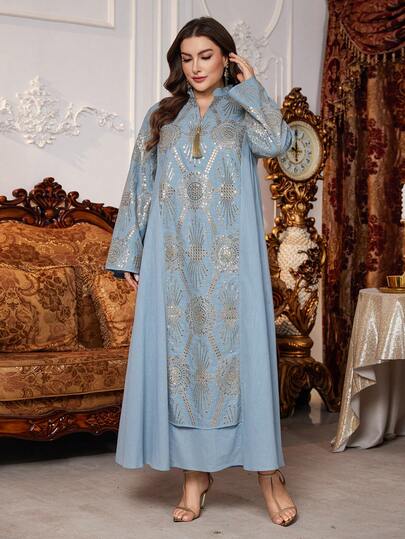 Layrah Plusstorlek Dammor i enfärgad, långärmad, A-linjeformad, arabisk lång morgonrock med pärlbroderi, turkisk stil