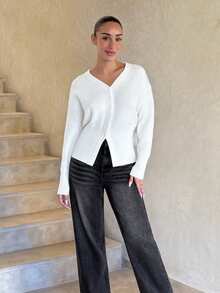 Mélanie ORL Women's Premium Cinched Waist Knitted Cardigan Women Cardigan Button Up Cardigan Thin Cardigan V-Neck Cardigan Cropped Cardigan White Cardigan In Fall/Winter