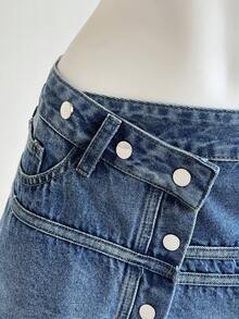 Elamini 女士单排扣口袋休闲百搭牛仔裙 - 中等水洗藍 - 查看 5