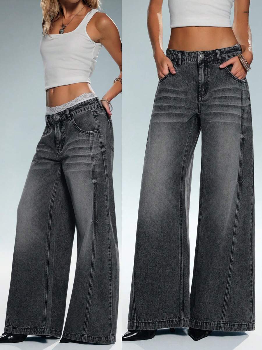 TRNVIE Women's Low Waist Pocket Casual Straight Loose Fit Jeans - Grey - View 1