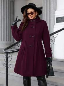Ellevyn Plus Size Women's Solid Color Long Sleeve Double-Breasted Pleated Design Hooded Overcoat, Autumn/Winter - Purple - View 3