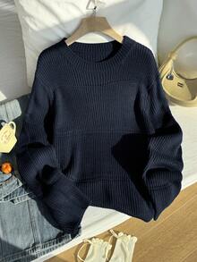 Comfortcana Plus Solid Spring Ribbed Knit Sweater, Winter,Fall Women Clothes Autumn - Navy Blue - View 6