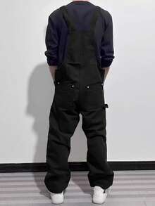 Plus Size Men's Bib Overalls, Multi-Pocket Cargo Bib Pants, Fashion Versatile Casual Straight Leg Bib Pants,Manfinity Hypemode,Mardi Gras,Streetwear,Vintage,Vacation,I Love My Boyfriend,Plus Size Men - Black - View 2