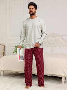 DAZY Solid Color White T-Shirt Paired With Plaid Pants Men's Loungewear Set, Spring/Autumn - Multicolor - View 6