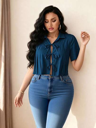 Elenzga Blusa elegante corta con pliegues y lazo delantero para mujer