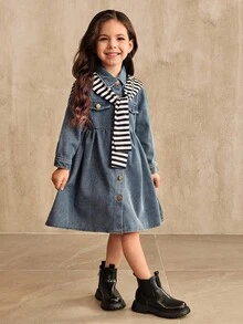 SHEIN 少女休闲前扣长袖连衣裙，秋季 - 藍色 - 查看 3