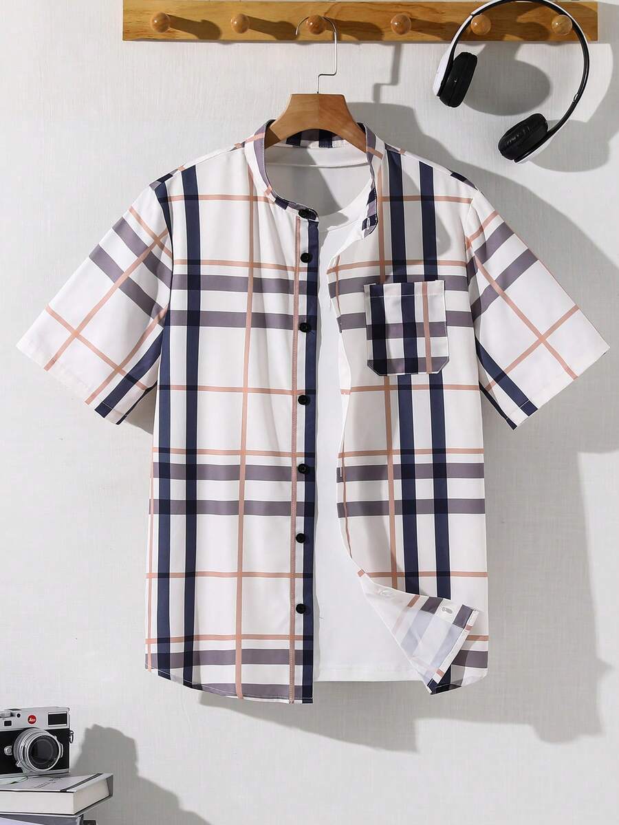 SHEIN 青少年男童纯色单排扣短袖格子休闲衬衫，夏季休闲学院风，舒适、时尚、百搭、可爱、柔软，适合日常穿着、上学、旅行、海滩度假 - 彩色 - 查看 1